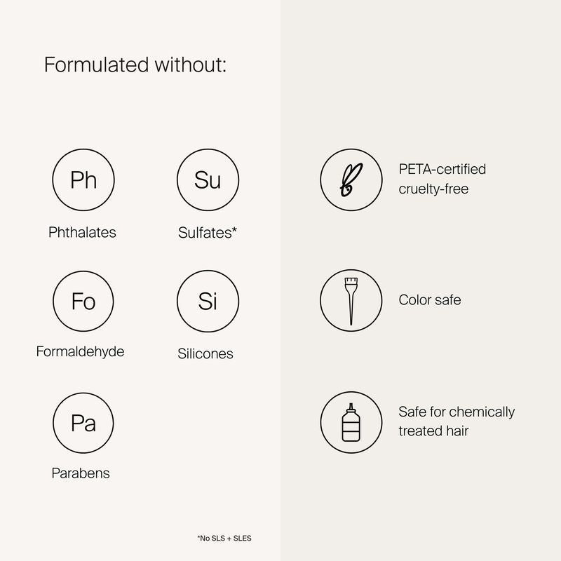 Formulate without: Phthalates, Sulfates,  Formaldehyde, Silicones, Parabens, PETA-certified, cruelty free, Color Safe, Safe for chemically treated hair