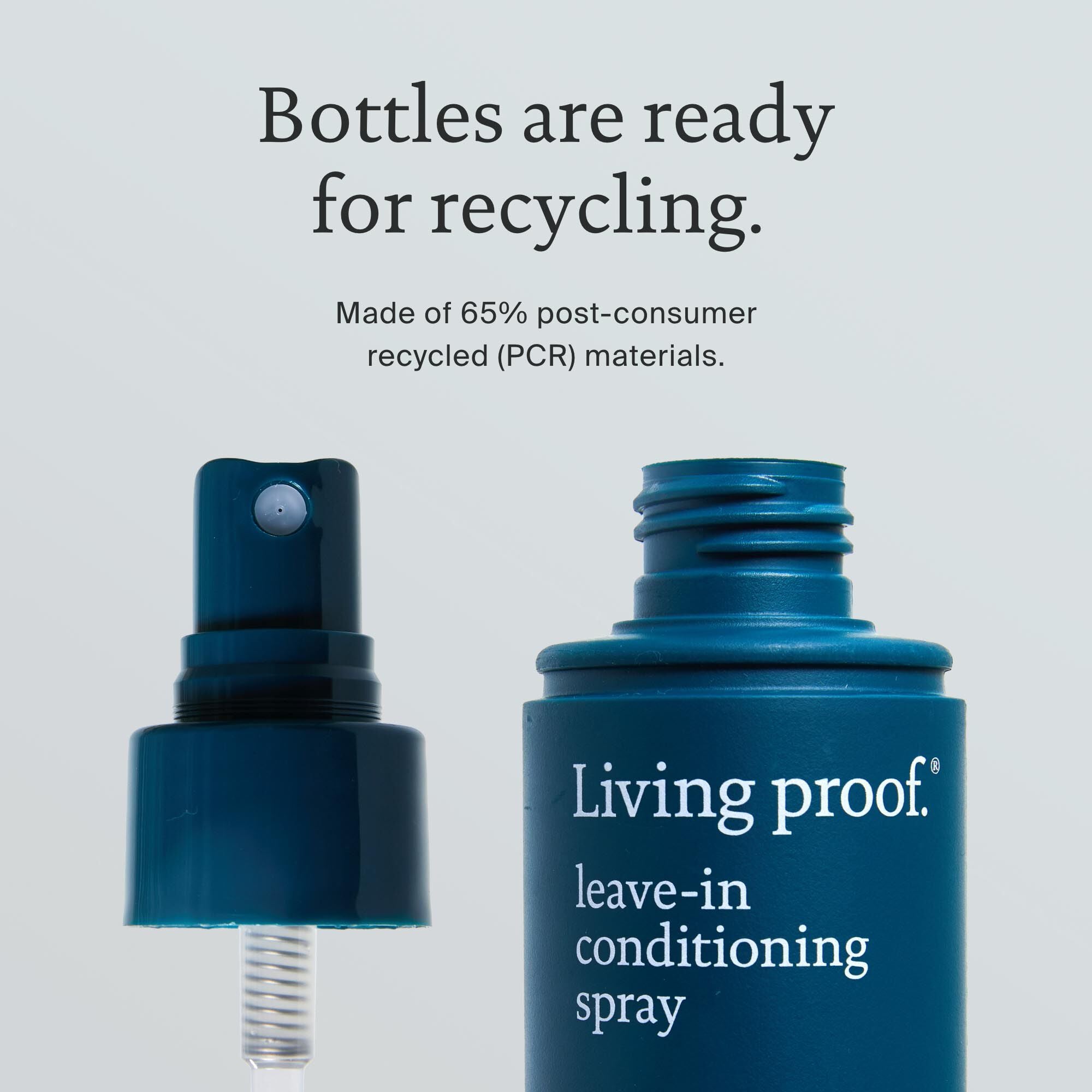A blue Leave-In Conditioning Spray bottle with the cap off shows the spray nozzle. Text above says this wash day essential delivers weightless conditioning, lasting detangling, and uses 65% post-consumer recycled materials.
