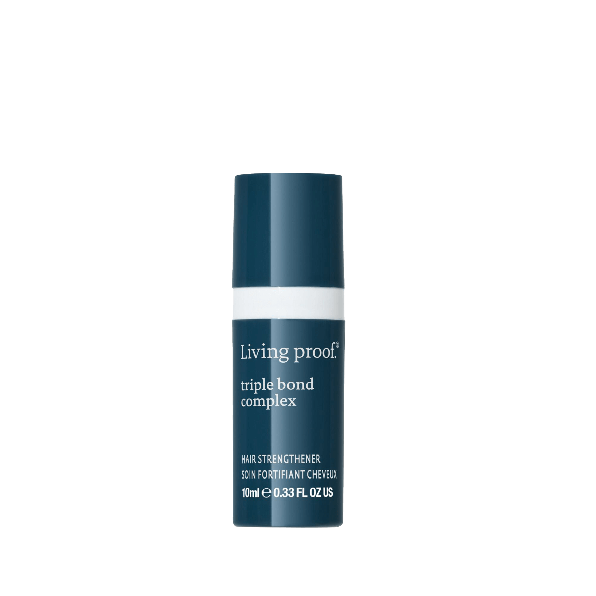 A 10ml (0.33 fl oz) dark teal bottle of Triple Bond Complex leave-in treatment stands upright on a white background, offering visibly stronger hair.
