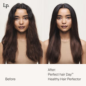 Side-by-side comparison of a woman with long, dark, wavy hair labeled Before and smoother, shinier, healthier-looking hair labeled After: Perfect hair Day™ Healthy Hair Perfector treatment on the right.