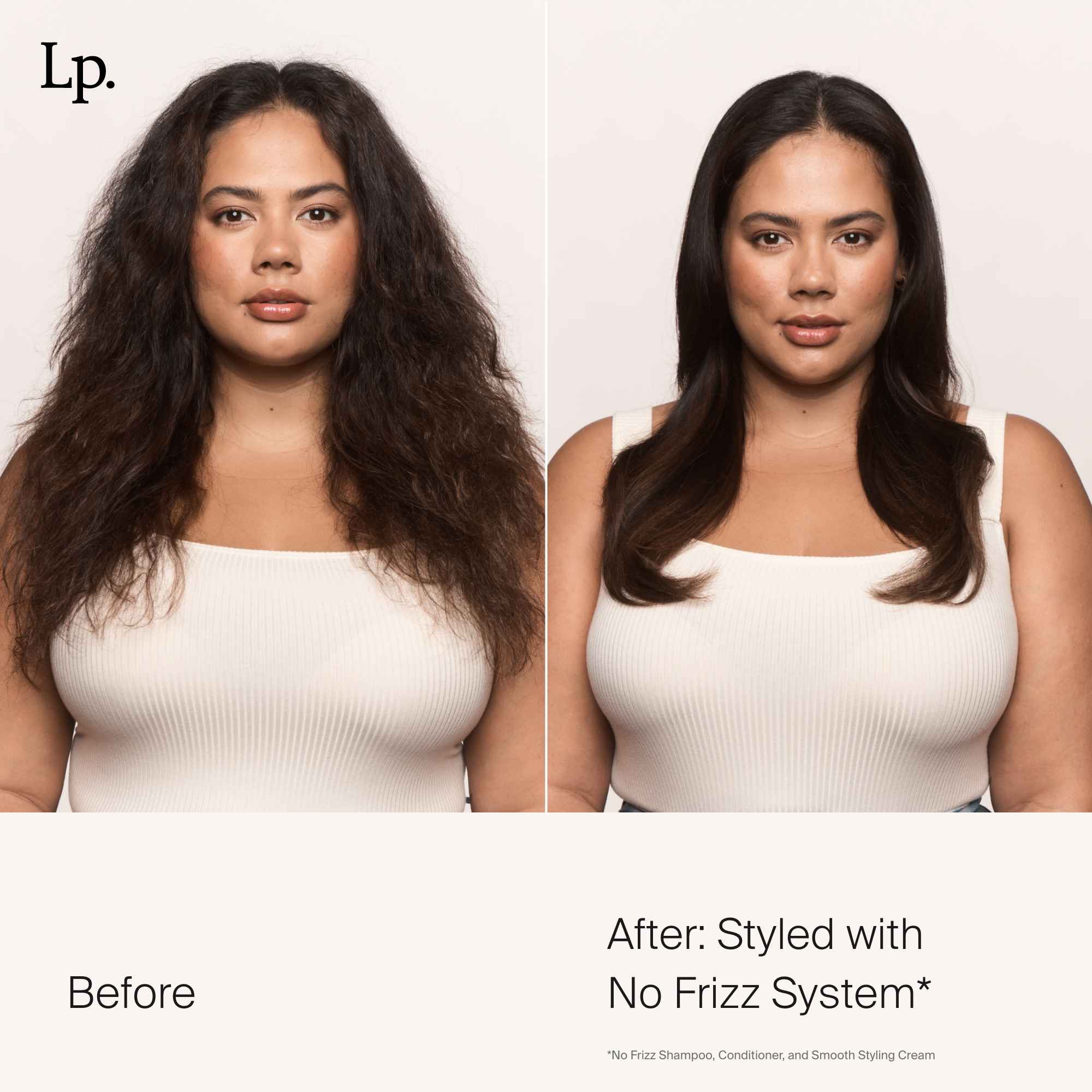 Side-by-side photos show a woman with medium hair before and after using No Frizz Smooth Styling Cream. Left: Her hair is frizzy and voluminous. Right: Its smooth and sleek. Text reads, Before and After: Styled with No Frizz Smooth Styling Cream for frizz control.