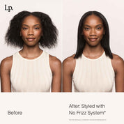 Side-by-side photos show a woman’s natural, frizzy hair on the left and smooth, styled hair on the right. Text reads: Before and After: Styled with No Frizz Smooth Styling Serum.*.