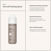 A bottle of No Frizz Smooth Styling Spray for fine hair appears on the left, with benefits on the right: proprietary smoothing technology, amaranth seed extract, detangling, and fiber conditioning agents.