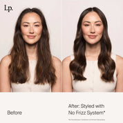 Side-by-side images show a woman with long brown hair. Left: frizzy and dry waves. Right: smooth, shiny, loose waves after using No Frizz Smooth Styling Spray. Text reads: Before and After—Styled with No Frizz Smooth Styling Spray.