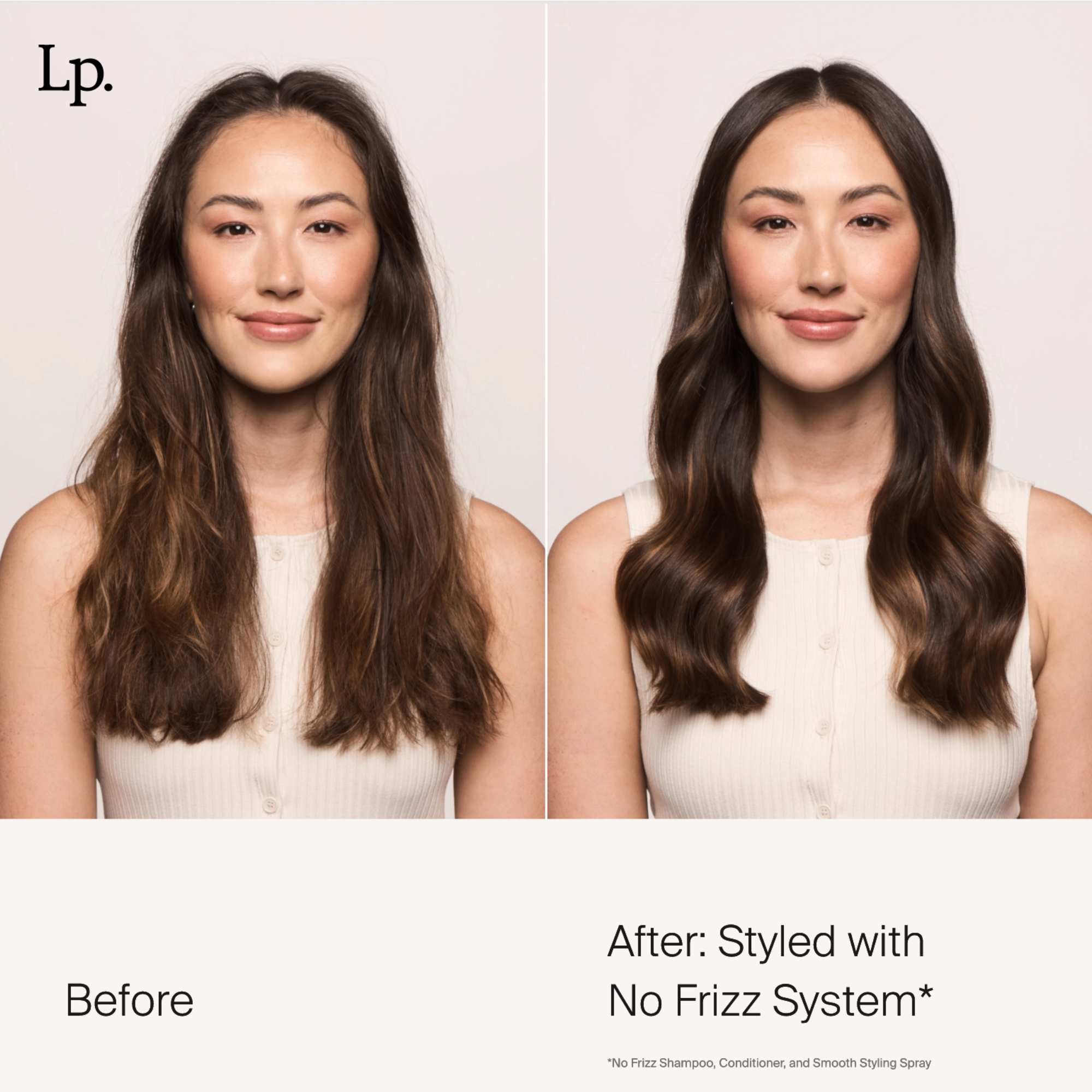 Side-by-side images show a woman with long brown hair. Left: frizzy and dry waves. Right: smooth, shiny, loose waves after using No Frizz Smooth Styling Spray. Text reads: Before and After—Styled with No Frizz Smooth Styling Spray.