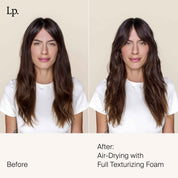 Side-by-side photos of a woman with long brown hair. Left: Smoother hair labeled Before. Right: More voluminous, textured hair labeled After: Air-dried with Full Texturizing Foam for effortless style.