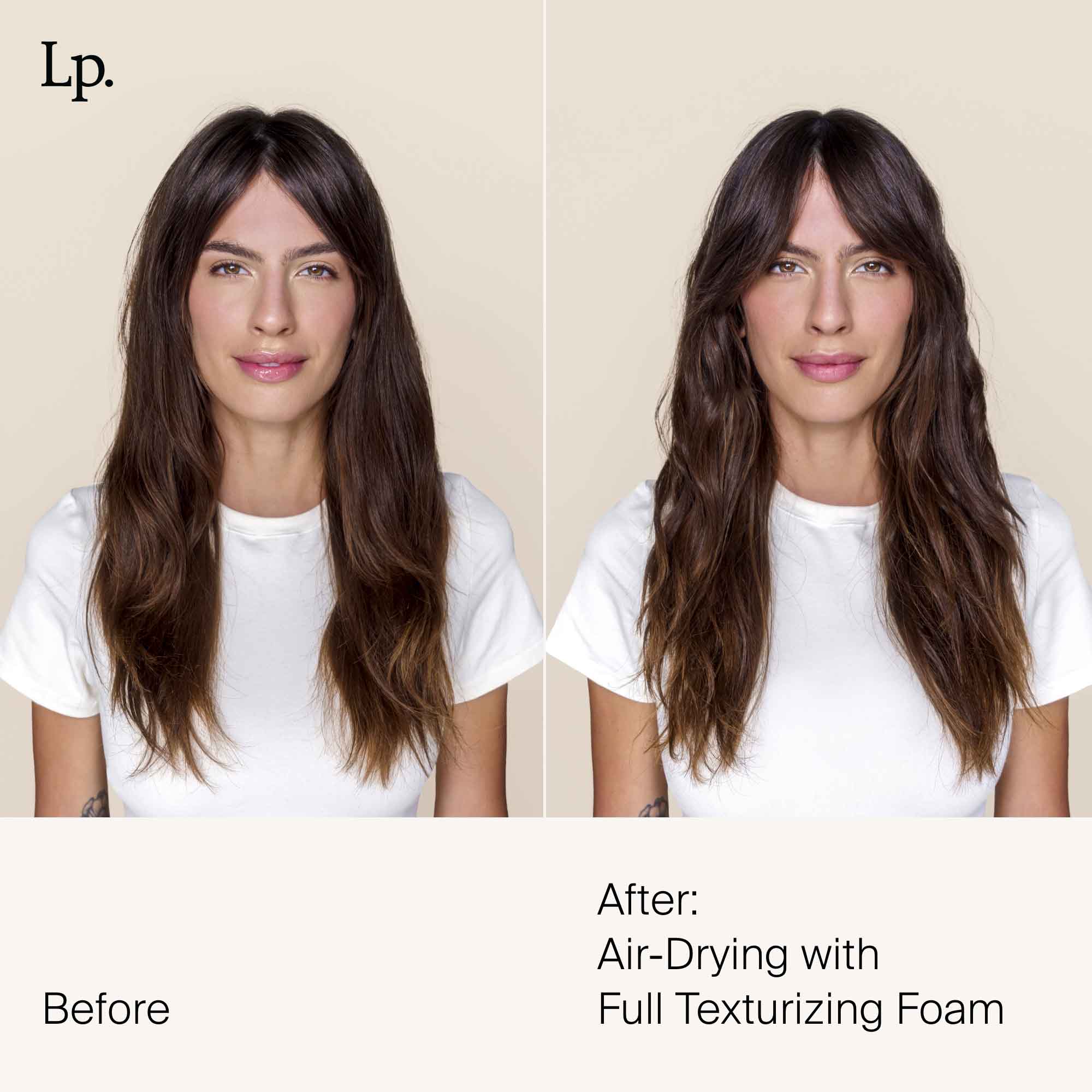 Side-by-side photos of a woman with long brown hair. Left: Smoother hair labeled Before. Right: More voluminous, textured hair labeled After: Air-dried with Full Texturizing Foam for effortless style.