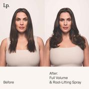 Side-by-side comparison of a woman before and after using Full Volume & Root-Lifting Spray; left shows her hair straight and flat, right displays fuller, styled waves. Text: Before and After—Full Volume & Root-Lifting Spray.