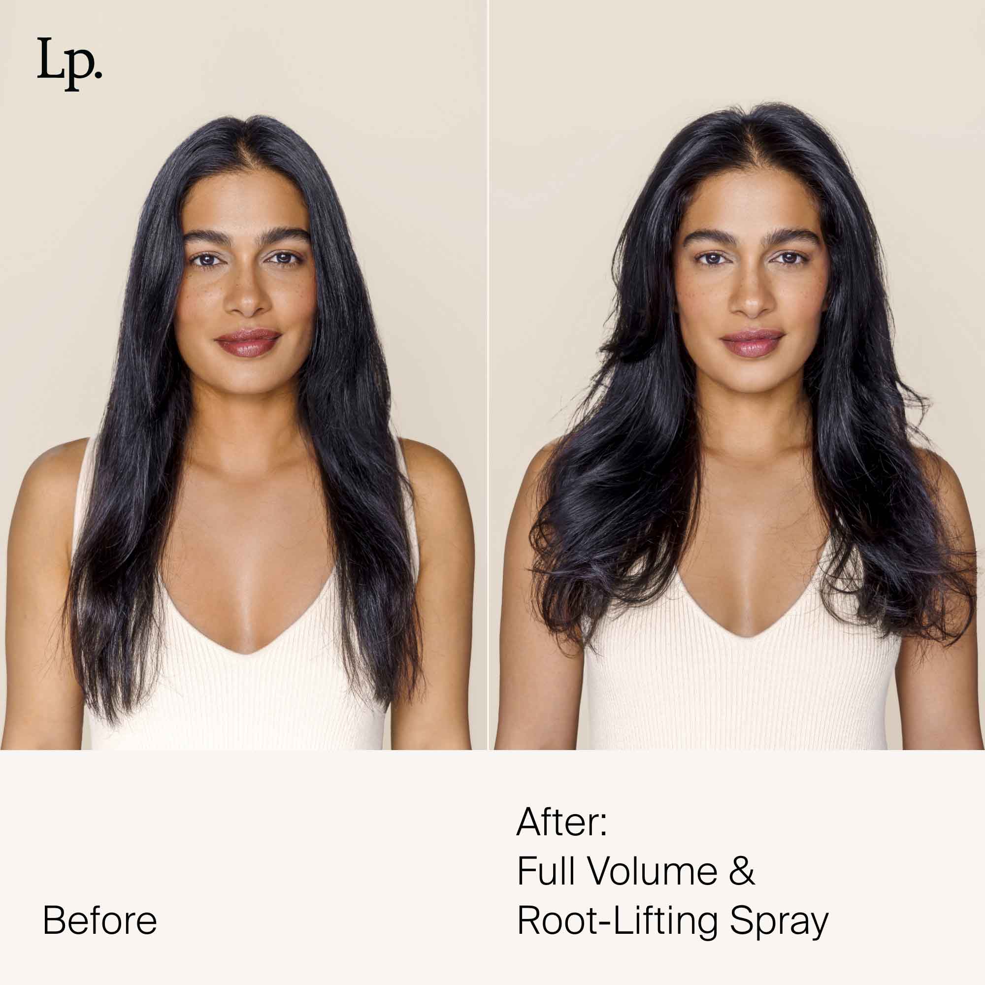 Side-by-side comparison of a woman before and after using Full Volume & Root-Lifting Spray. Left: her hair looks straight and flat. Right: hair appears fuller and voluminous, labeled “Before” and “After: Full Volume & Root-Lifting Spray.”.