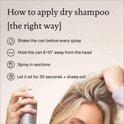 A woman holds Perfect hair Day™ Advanced Clean Dry Shampoo near her hair. Instructions: Shake, spray in sections from 6–10 inches away, let it sit, then shake out for just-washed softness.