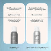 Comparison chart of two dry shampoos. Left: Original absorbs oil, light texture, cleans hair, adds texture. Right: Perfect hair Day™ Advanced Clean Dry Shampoo extends time between washes and gives softness while conditioning ends.