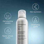 A silver can of Restore Strong Hair Essentials is centered on a blue gradient background, surrounded by icons and text showcasing fast-absorbing powders, a silicone-free formula, odor neutralizers, and a powder removal system.