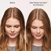Side-by-side photos of a woman with long, light brown hair. Left: Before, her hair is slightly oily and flat. Right: After using Perfect hair Day™ Dry Shampoo, her hair looks fuller, cleaner, and more voluminous.