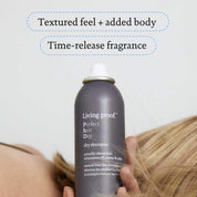 Image of Dry Shampoo with text that states, textured feel + added body, time-release fragrance
