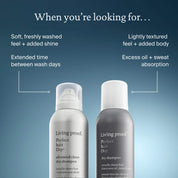 Two bottles of Perfect hair Day™ Dry Shampoo are displayed on a blue gradient background, showcasing benefits like oil absorption, longer time between washes, added volume, and a fresh long-lasting scent.