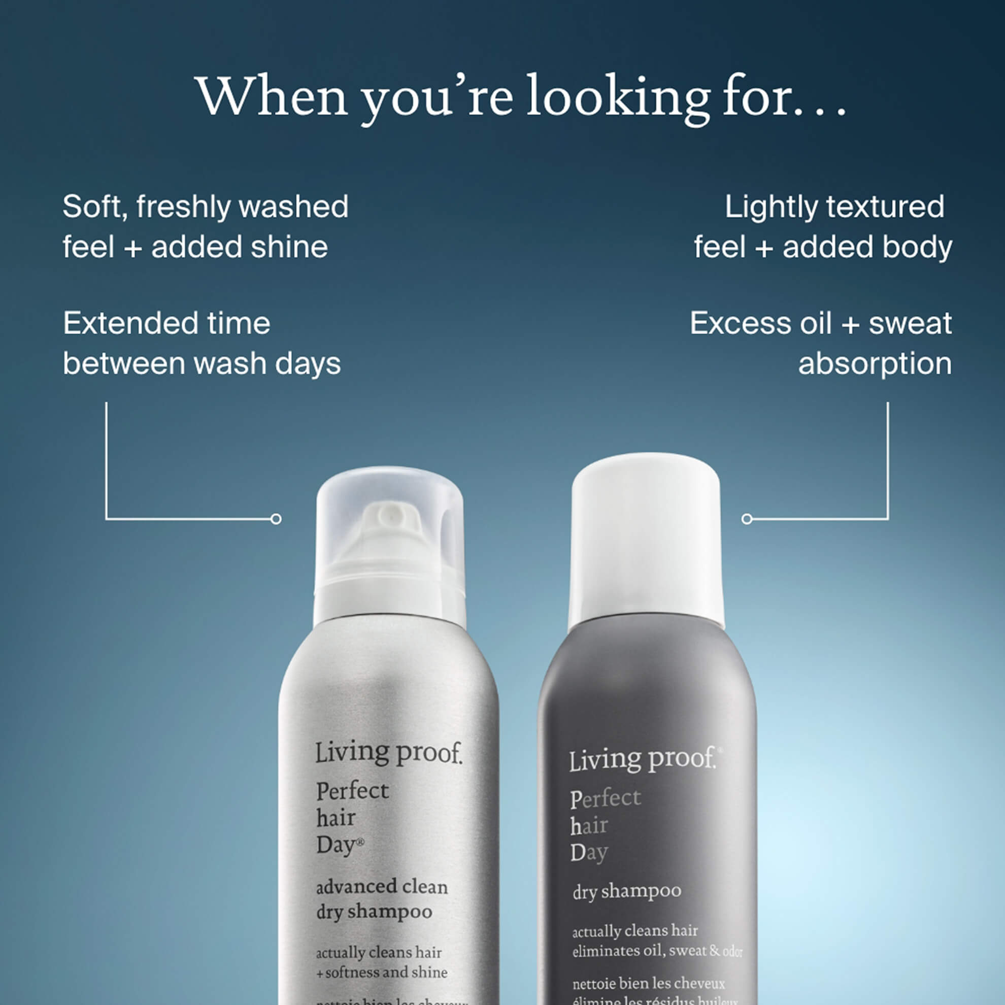 Two bottles of Perfect hair Day™ Dry Shampoo are displayed on a blue gradient background, showcasing benefits like oil absorption, longer time between washes, added volume, and a fresh long-lasting scent.