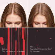 Top: Woman with brown hair, before (left, oily roots) and after (right, clean roots) using Perfect hair Day™ Dry Shampoo. Bottom: Visual shows oil and sweat absorbed for fresher hair. Text explains the images.