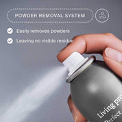 Image of Dry Shampoo being sprayed with text that states: Powder Removal System. Easily removes powders. Leaving no visible residue