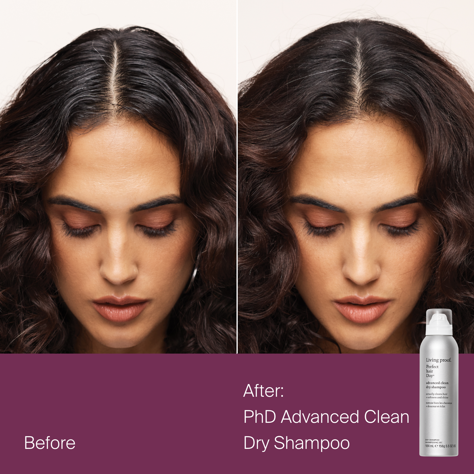 Before and after comparison of a woman's hair with PhD Advanced Clean Dry Shampoo.