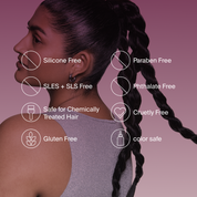 Woman with braided hair against a pink background with product safety features listed.
