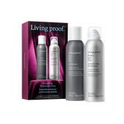 Living Proof hair care product set with dry shampoos on a white background