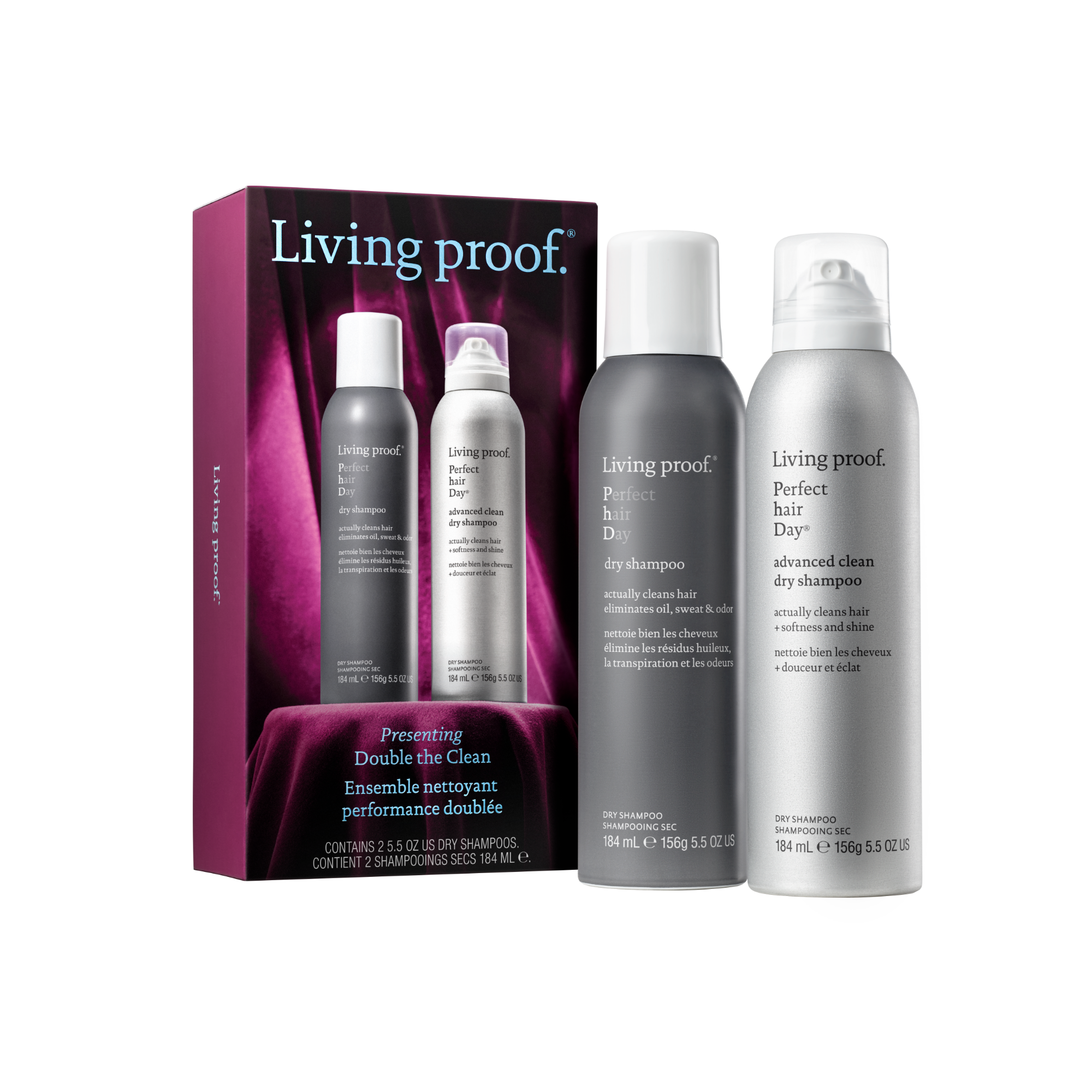 Living Proof hair care product set with dry shampoos on a white background