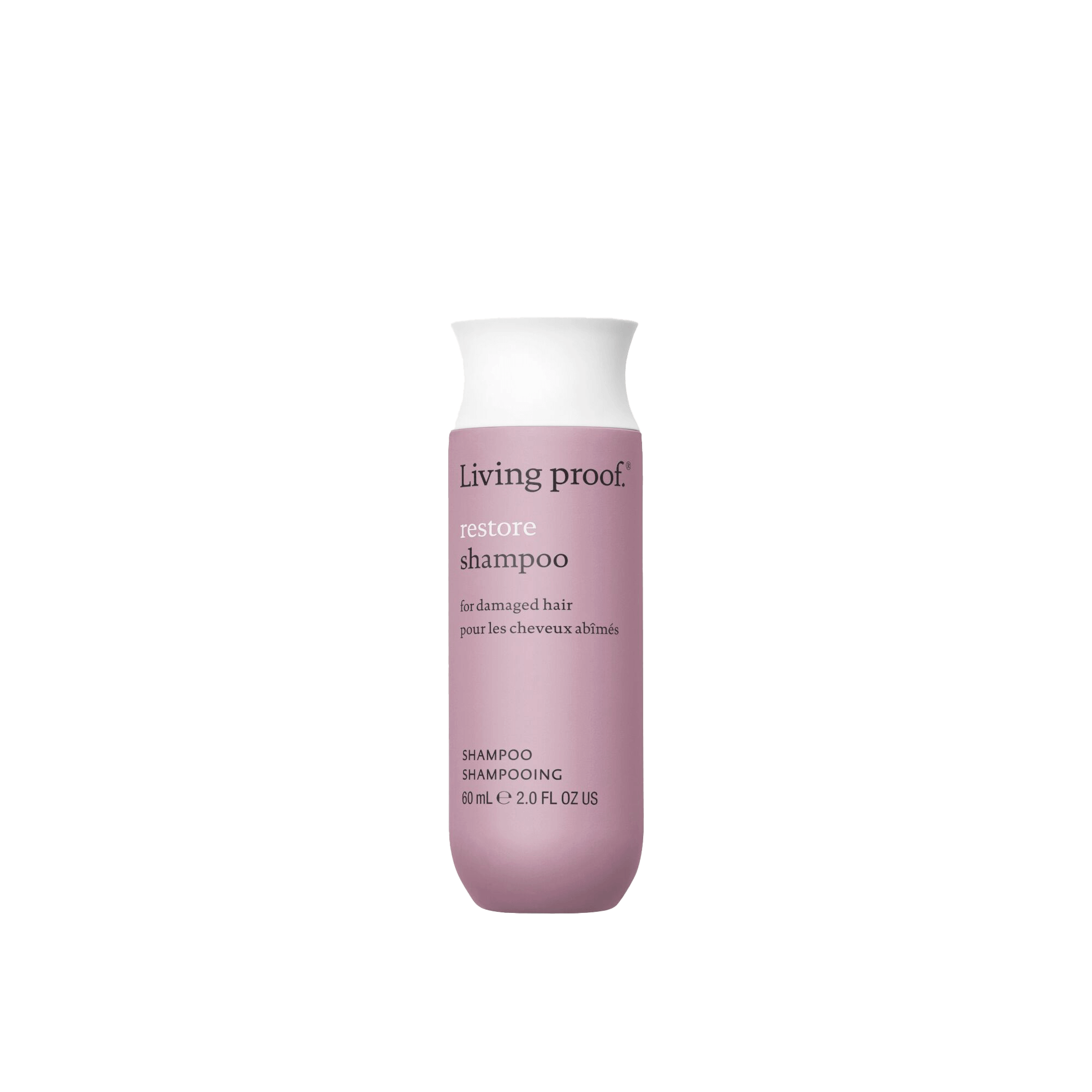 A 2.0 fl oz (60 mL) bottle of Restore Shampoo for damaged hair, featuring Sili-CLONE™ HairTech to help reverse damage. The purple bottle has a white cap and silver text.