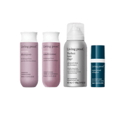 The Restore Strong Hair Essentials set features four Living Proof silicone-free hair repair products in travel-size bottles, displayed together on a white background.