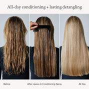 Three side-by-side photos show a person’s hair before, during, and after using Leave-In Conditioning Spray, transforming from tangled to smooth and shiny. Text reads: All-day conditioning + lasting detangling.