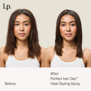 Model before and after using Living Proof Perfect hair Day Heat Styling Spray