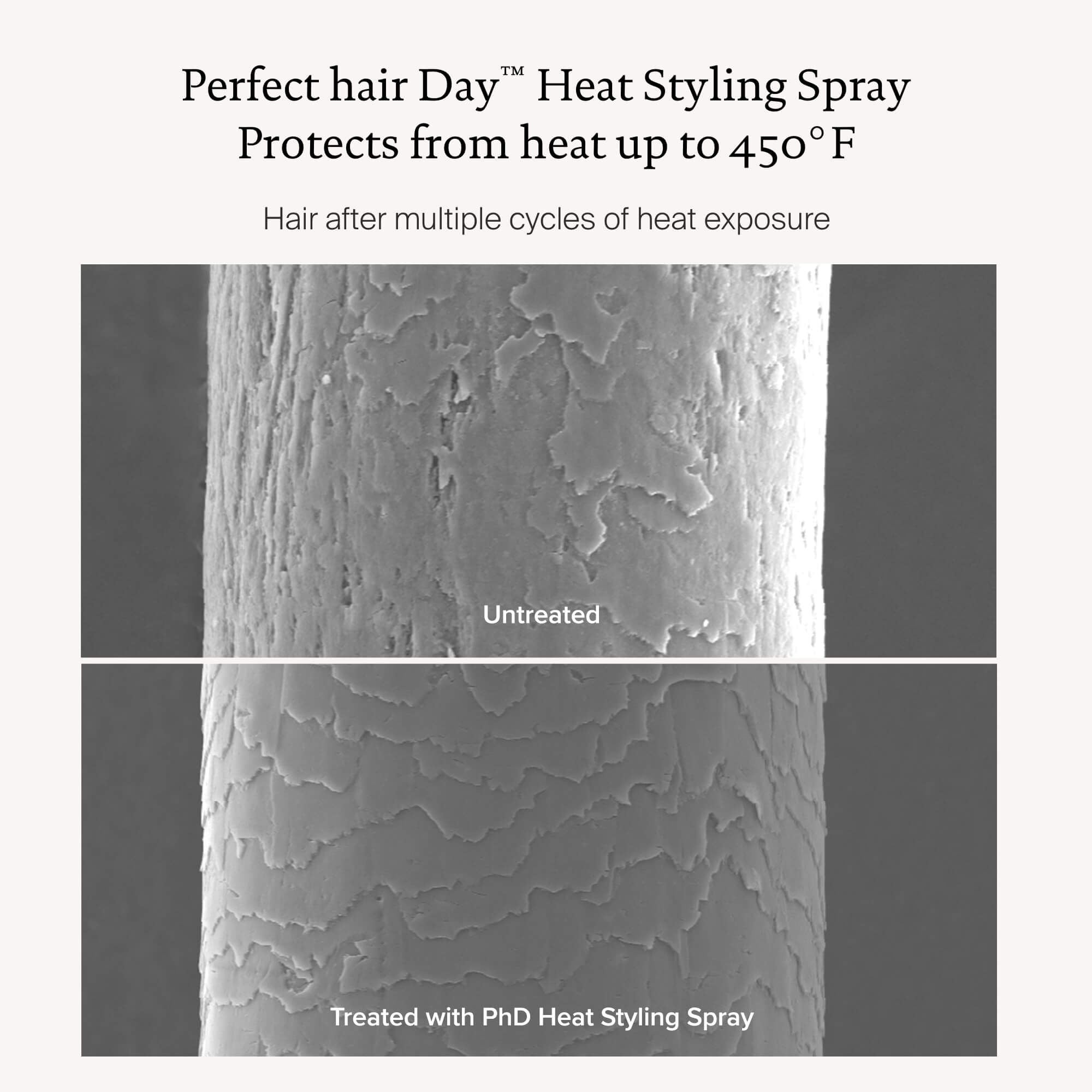Infographic of hair after multiple cycles of heat exposure with and without using Living Proof Perfect hair Day Heat Styling Spray