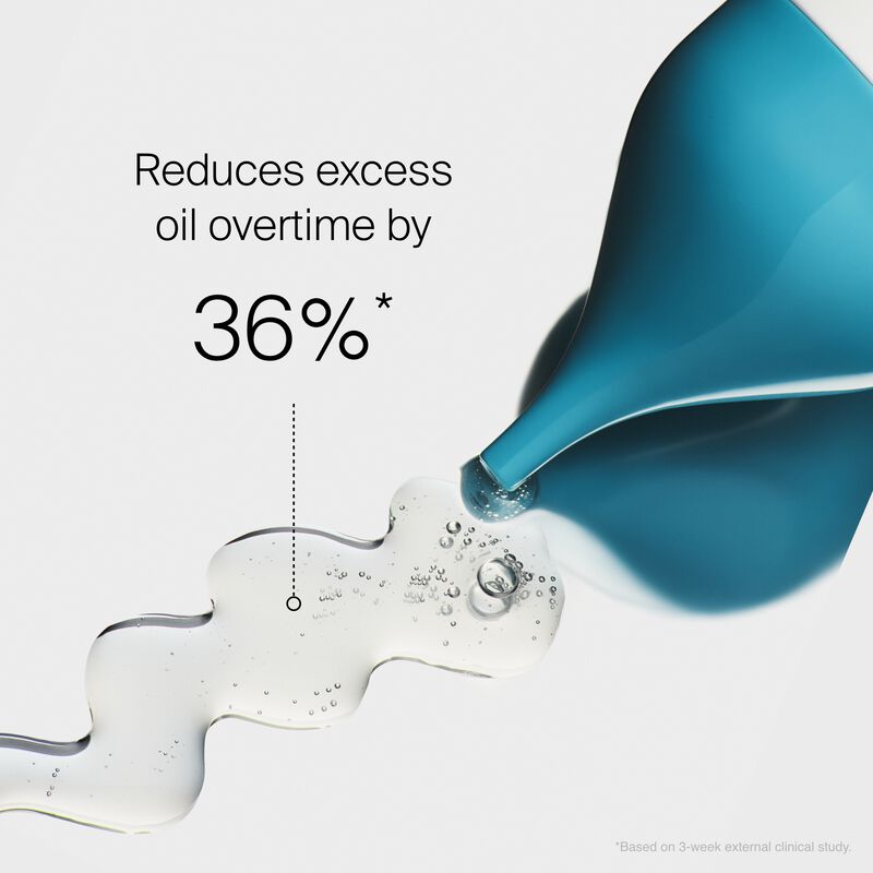 A blue bottle pours a clear liquid in a wavy line. Text: Scalp Care Exfoliator reduces excess scalp oil by 36% over time.* *Based on 3-week external clinical study.
