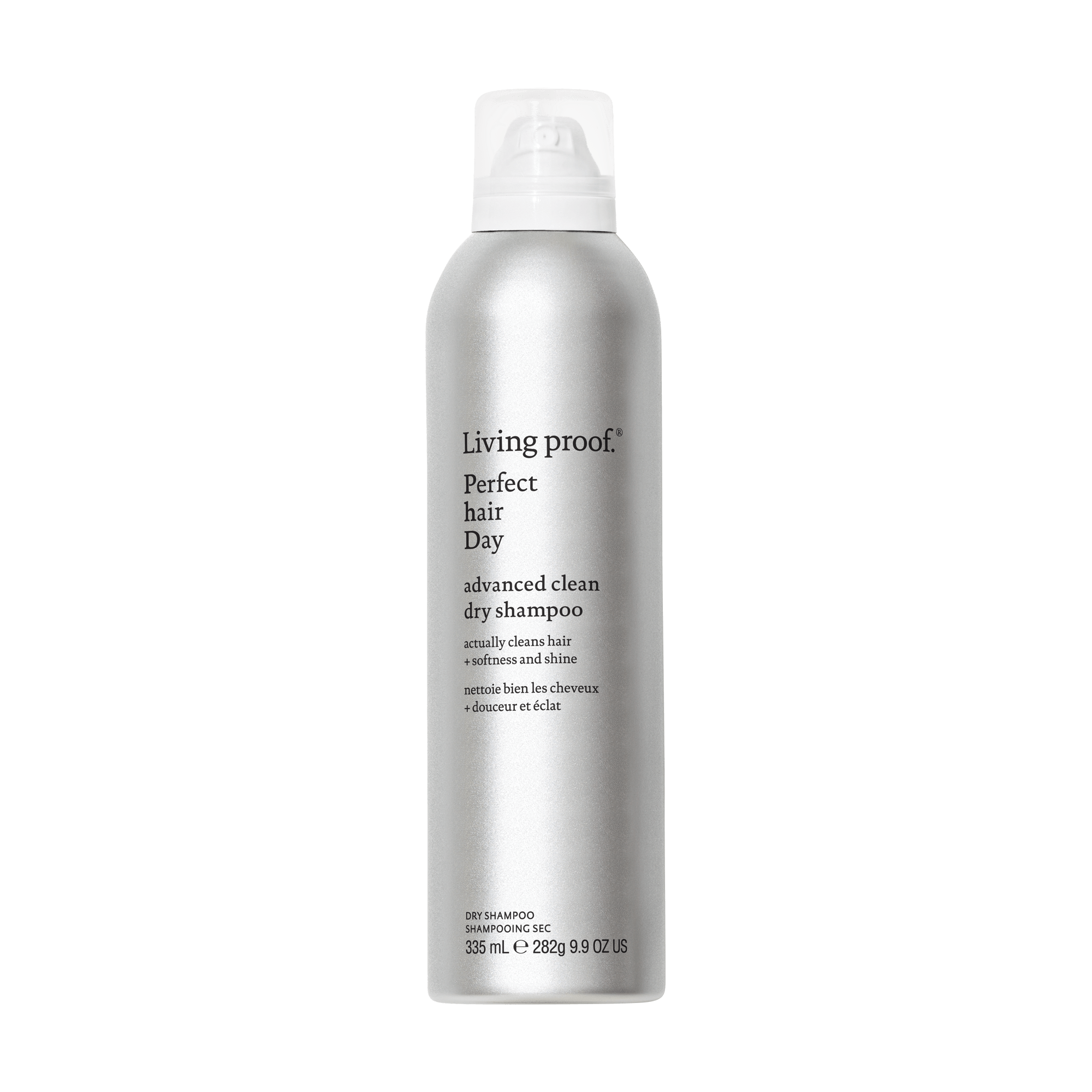 A silver can of Perfect hair Day™ Advanced Clean Dry Shampoo with a white cap, featuring a breakthrough formula for just-washed softness and detailed black text on the front.
