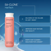 A bottle of Curl Curly Hair Essentials sits on a surface. Text highlights benefits: delivers 2x the volume in one wash, strengthens curls, improves hair texture and quality, and keeps hair cleaner and healthier longer.