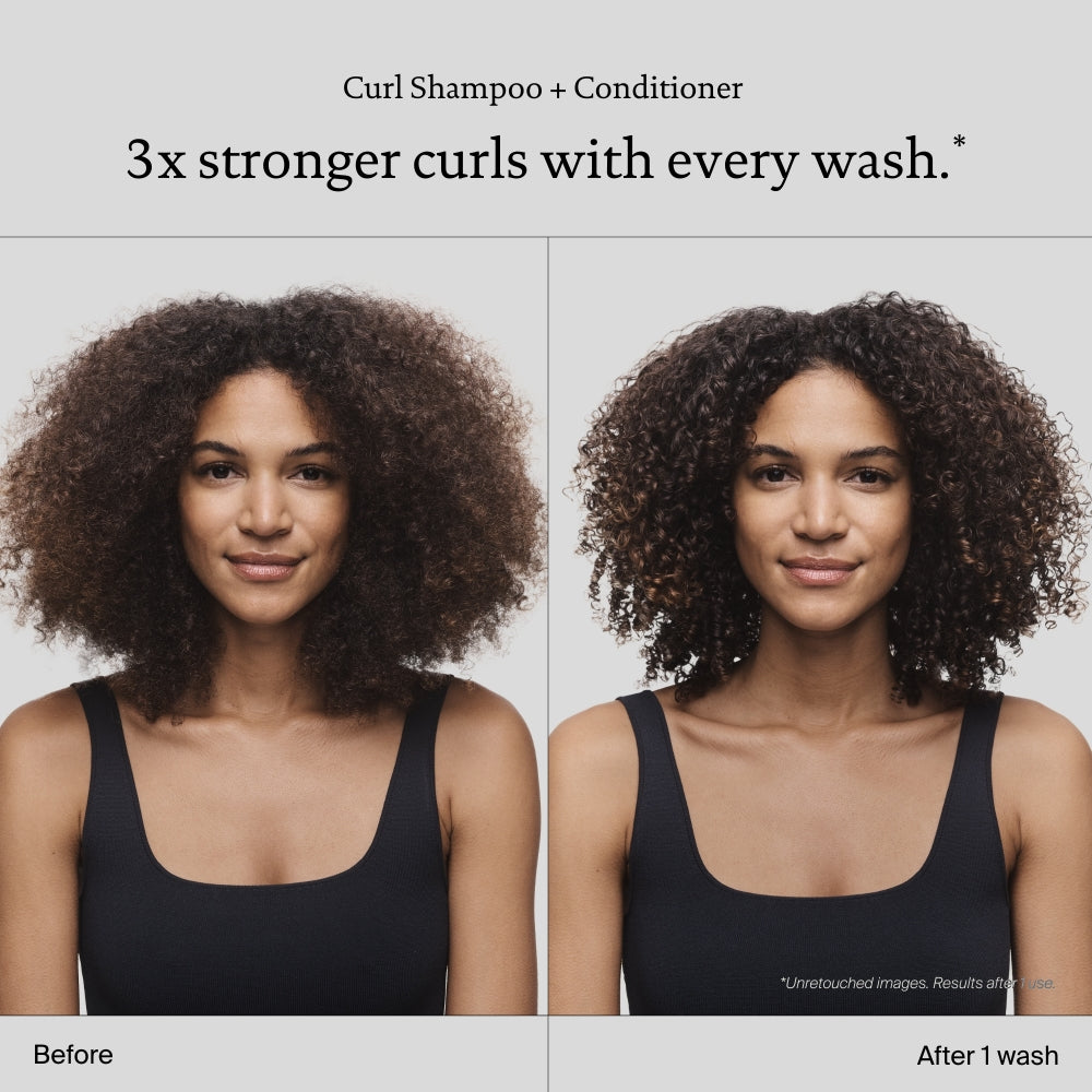 Split-screen image of a woman with curly hair, labeled Before on the left and After 1 wash on the right. Her curls look more defined and voluminous after using our Curl Conditioner.