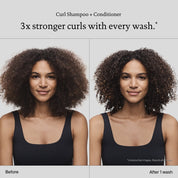 Split-screen image of a woman with curly hair, labeled Before on the left and After 1 wash on the right. Her curls look more defined and voluminous after using our Curl Conditioner.