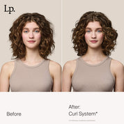 Side-by-side photos show a woman with curly brown hair—her natural, looser curls on the left (“Before”), and on the right, her curls look more defined and shaped with added frizz protection after using Curl Enhancer (“After: Curl Enhancer”).
