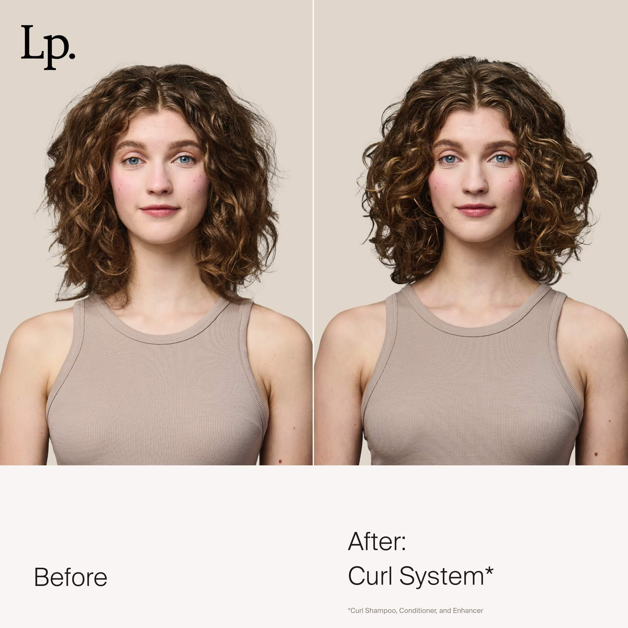 Side-by-side photos show a woman with curly brown hair—her natural, looser curls on the left (“Before”), and on the right, her curls look more defined and shaped with added frizz protection after using Curl Enhancer (“After: Curl Enhancer”).
