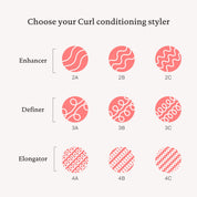 A chart displays curl types 2A–4C with conditioning styler suggestions: Curl Enhancer for 2A-2C, Definer for 3A-3C, and Elongator for 4A-4C. Each pink circle highlights the unique natural texture of each curl pattern.