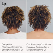 Side-by-side photos show looser curls on the left and tighter, defined curls on the right. Text explains that Curl Moisturizing Shine Oil helps restore natural lipids for healthy-looking curls.