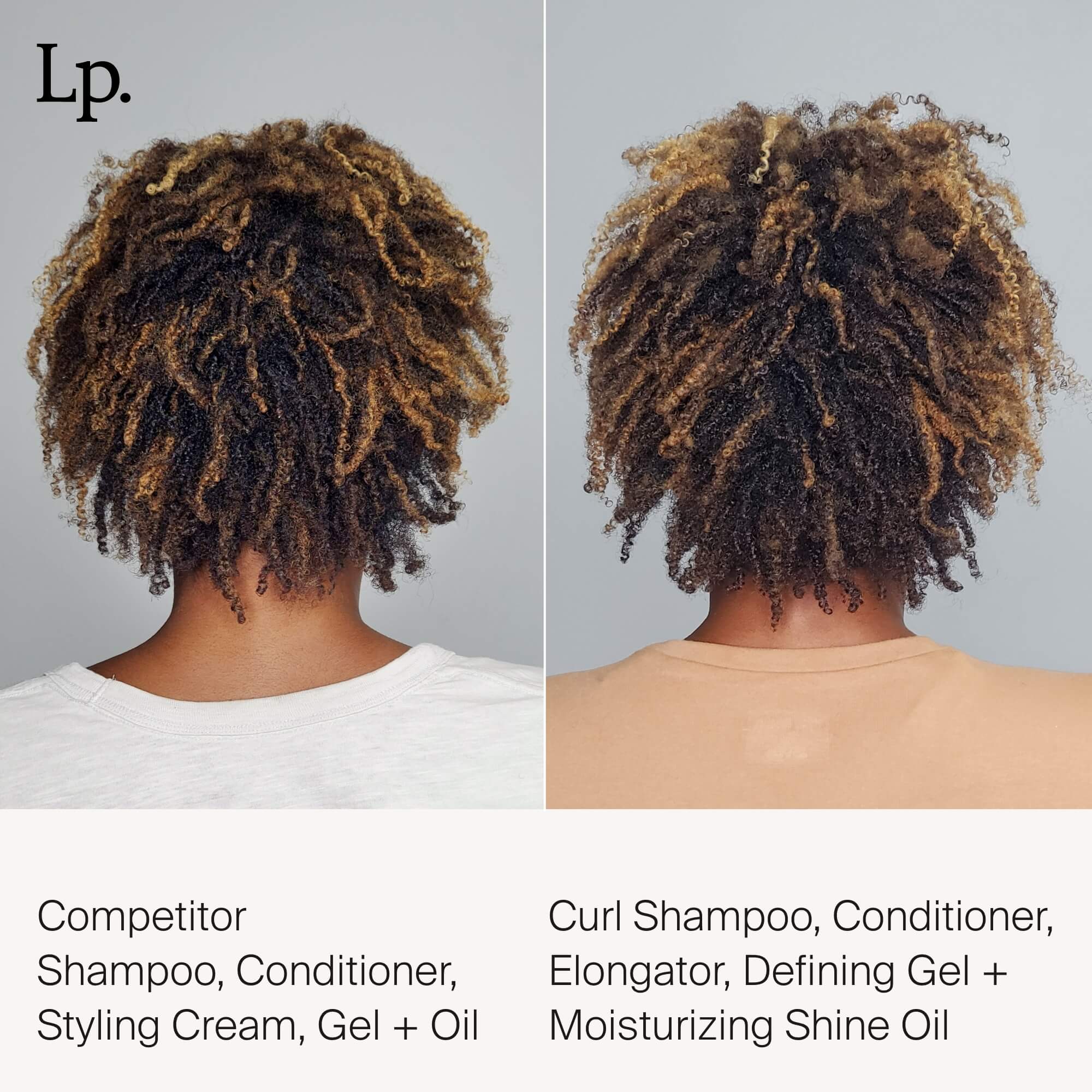 Side-by-side photos show looser curls on the left and tighter, defined curls on the right. Text explains that Curl Moisturizing Shine Oil helps restore natural lipids for healthy-looking curls.
