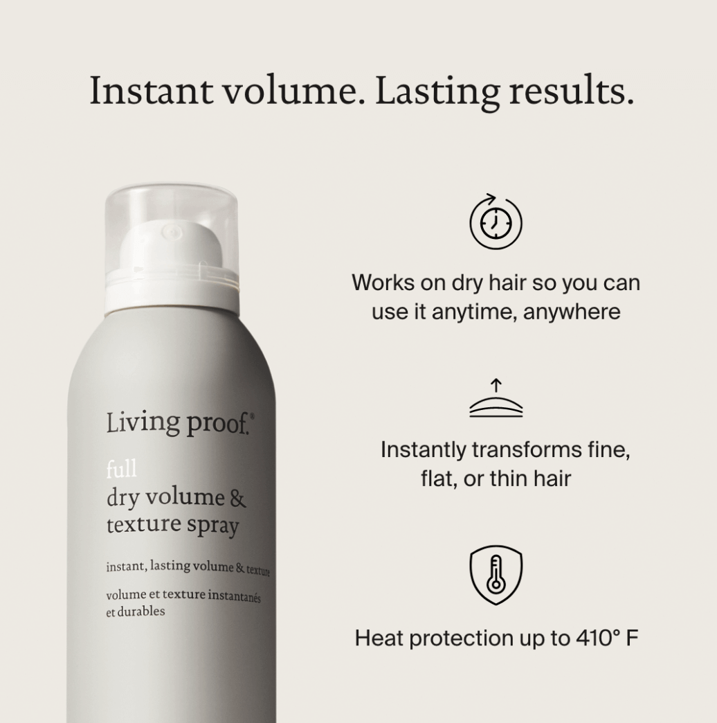 A can of Full Dry Volume & Texture Spray is shown, featuring benefits like instant volume and texture, a lived-in look on dry hair anytime, plus heat protection up to 410°F.