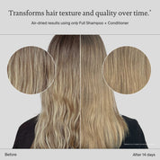 Side-by-side comparison of hair before and after 14 days using Full Voluminous Hair Essentials, showing frizzy, wavy hair on the left and smoother, straighter, more voluminous hair on the right.