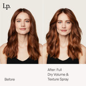 Side-by-side comparison of a woman with long auburn hair: Left, her hair is smooth and straight; right, after using Full Dry Volume & Texture Spray, her hair looks fuller, wavier, and beautifully textured.