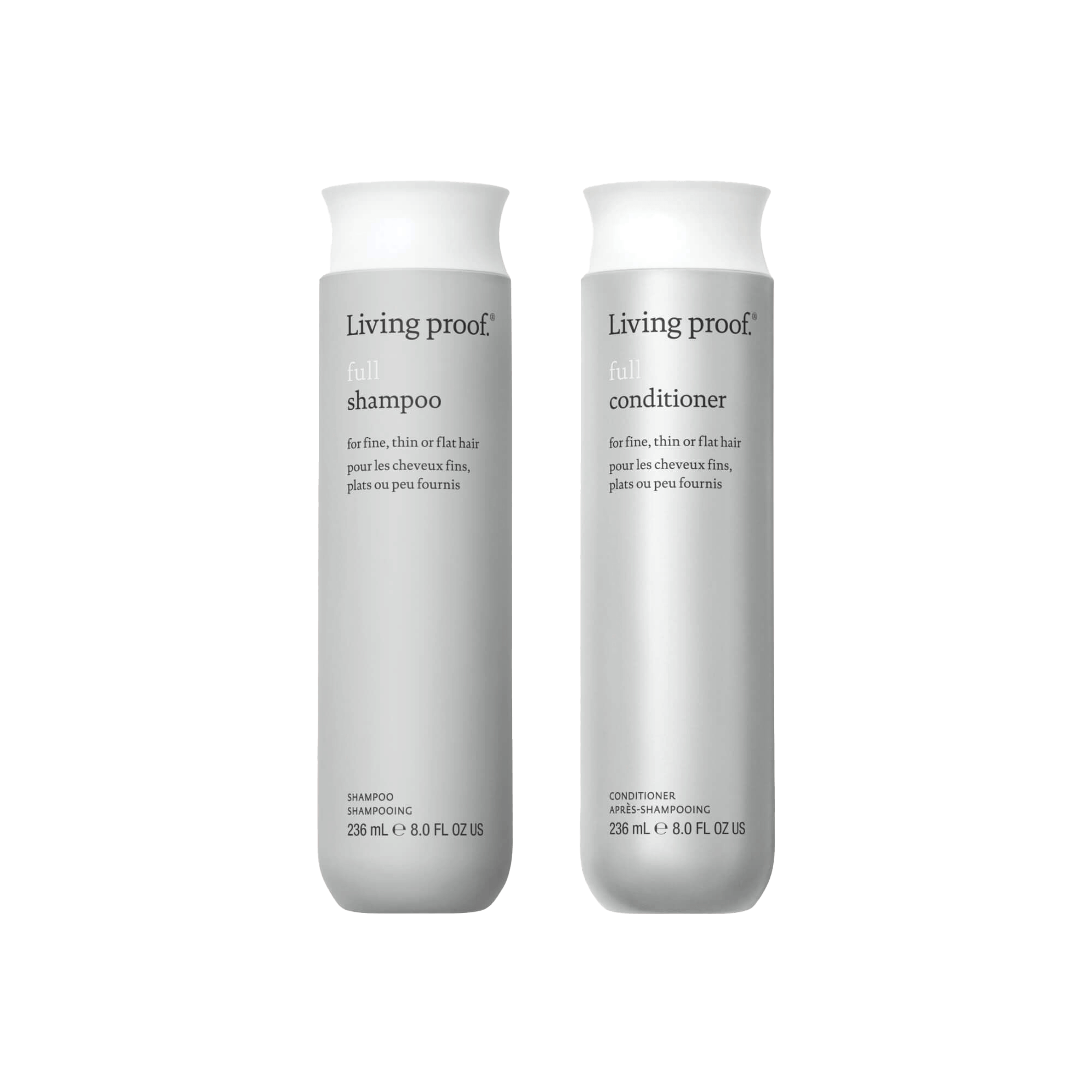 Two white bottles of Full Wash Duo stand side by side. With Sili-CLONE™ HairTech, this shampoo and conditioner volumize fine, thin, or flat hair for lasting fullness. Each bottle contains 236 ml (8 fl oz).