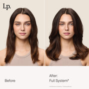 Side-by-side comparison: on the left, a woman with straight, thin hair labeled Before; on the right, the same woman with fuller, voluminous hair labeled After: Full Thickening Mousse. She wears a beige tank top in both images.