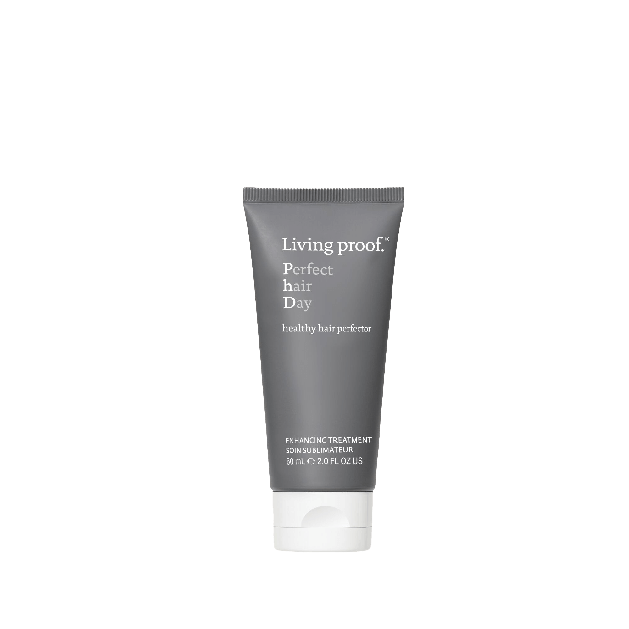 A gray tube of Perfect hair Day™ 5-in-1 Styling Treatment, 60 ml (2.0 fl oz), with white text and a white flip-top cap, designed to smooth and protect hair, shown against a plain background.