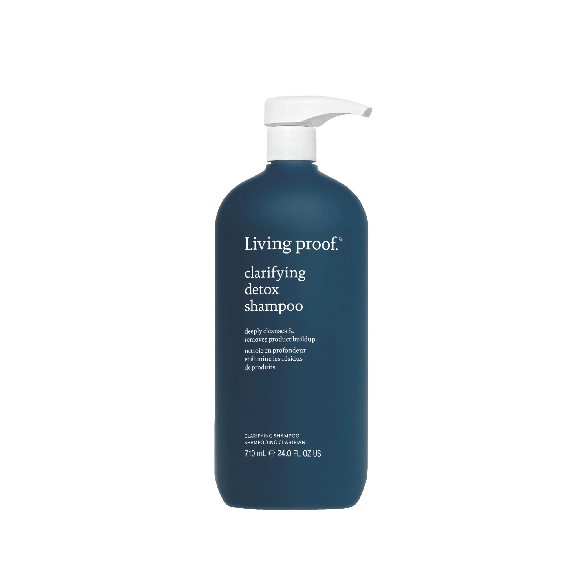 A dark blue 710 mL (24 fl. oz) bottle of Clarifying Detox Shampoo with a white pump dispenser; the white label shows the product name and description. This shampoo removes buildup, making it ideal for hard water users.