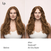 Side-by-side comparison of a woman with long, wavy auburn hair before and after using Style Lab® Air-Dry Styler, showing enhanced natural texture, smoother, more defined waves, and less frizz in the after image.