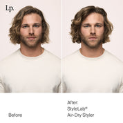 Side-by-side photos of a man with shoulder-length wavy hair in a white shirt. Before and After: Style Lab® Air-Dry Styler reduces frizz for smoother, more styled hair.